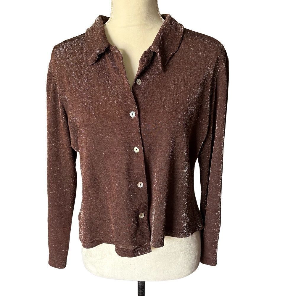 Vtg GEMILLI Blouse Size L Chocolate Brown Liquid Shimmer Button Up Collared 90’s